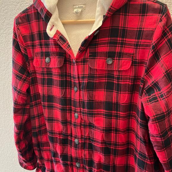 L.L.Bean Sherpa Lined Flannel Hooded Jacket Red Plaid XS Petite Cozy Shacket - Picture 5 of 7